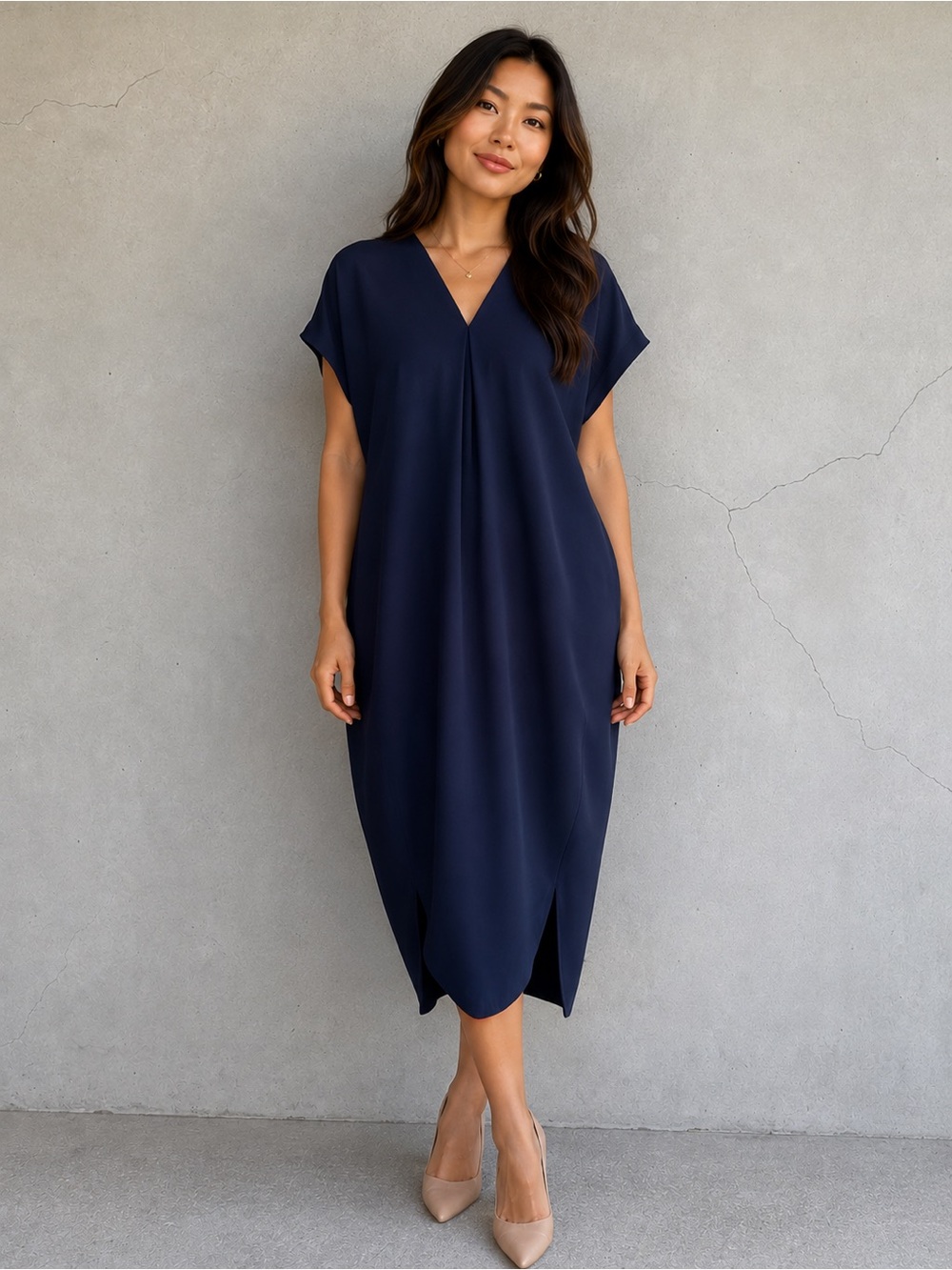 UNIQLO Navy Cocoon Dress Size Large V-Neck Midi Shift Oversized Minimalist